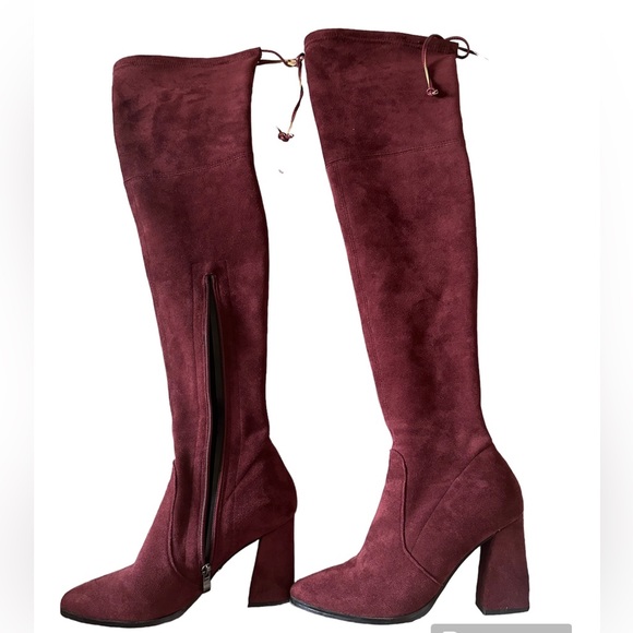LadyJane Burgundy Velvet Heeled over the Knee high Boots - Picture 2 of 5